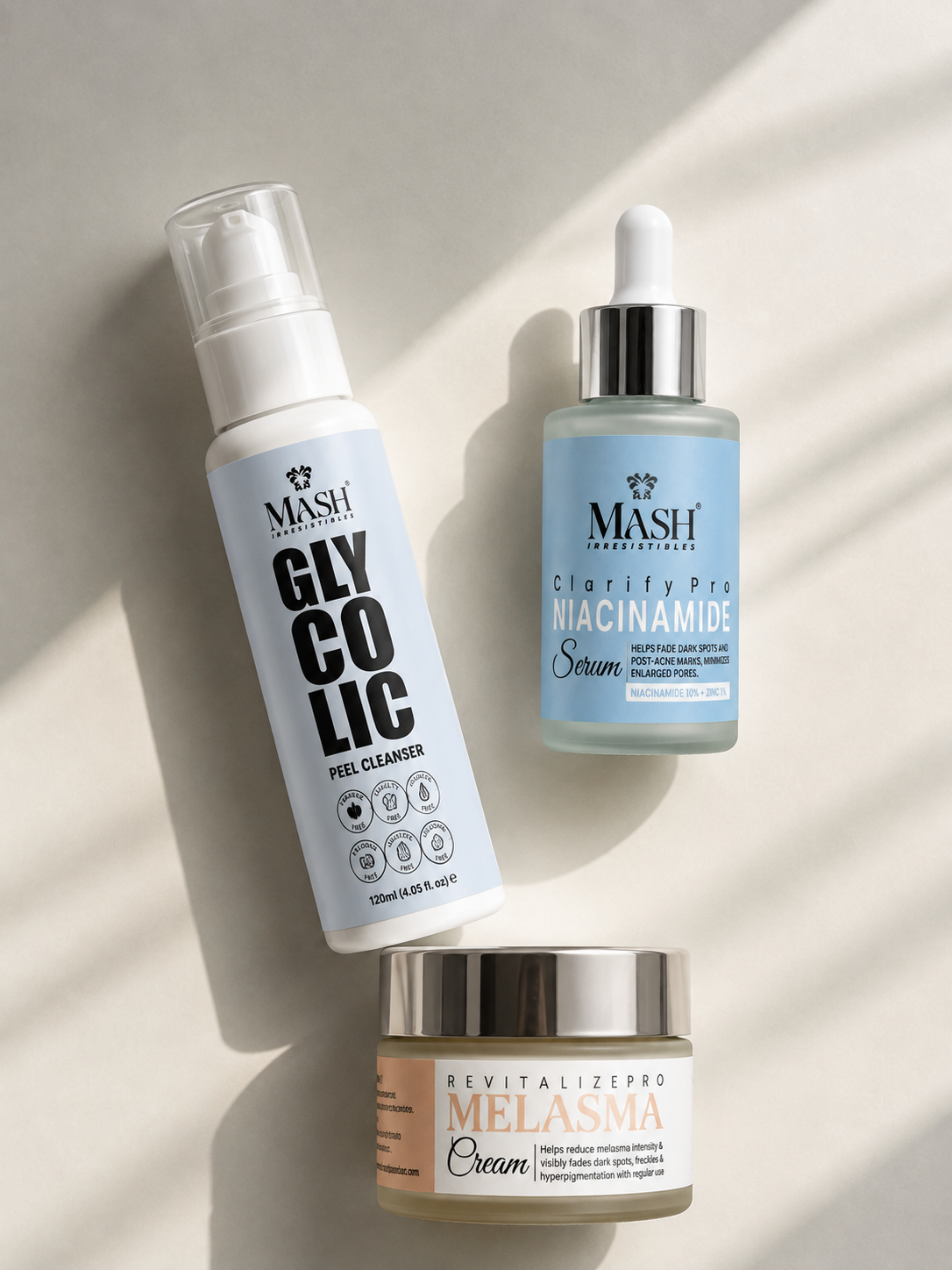 MASH Glycolic Peel Cleanser Niacinamide Serum and Melasma Cream
