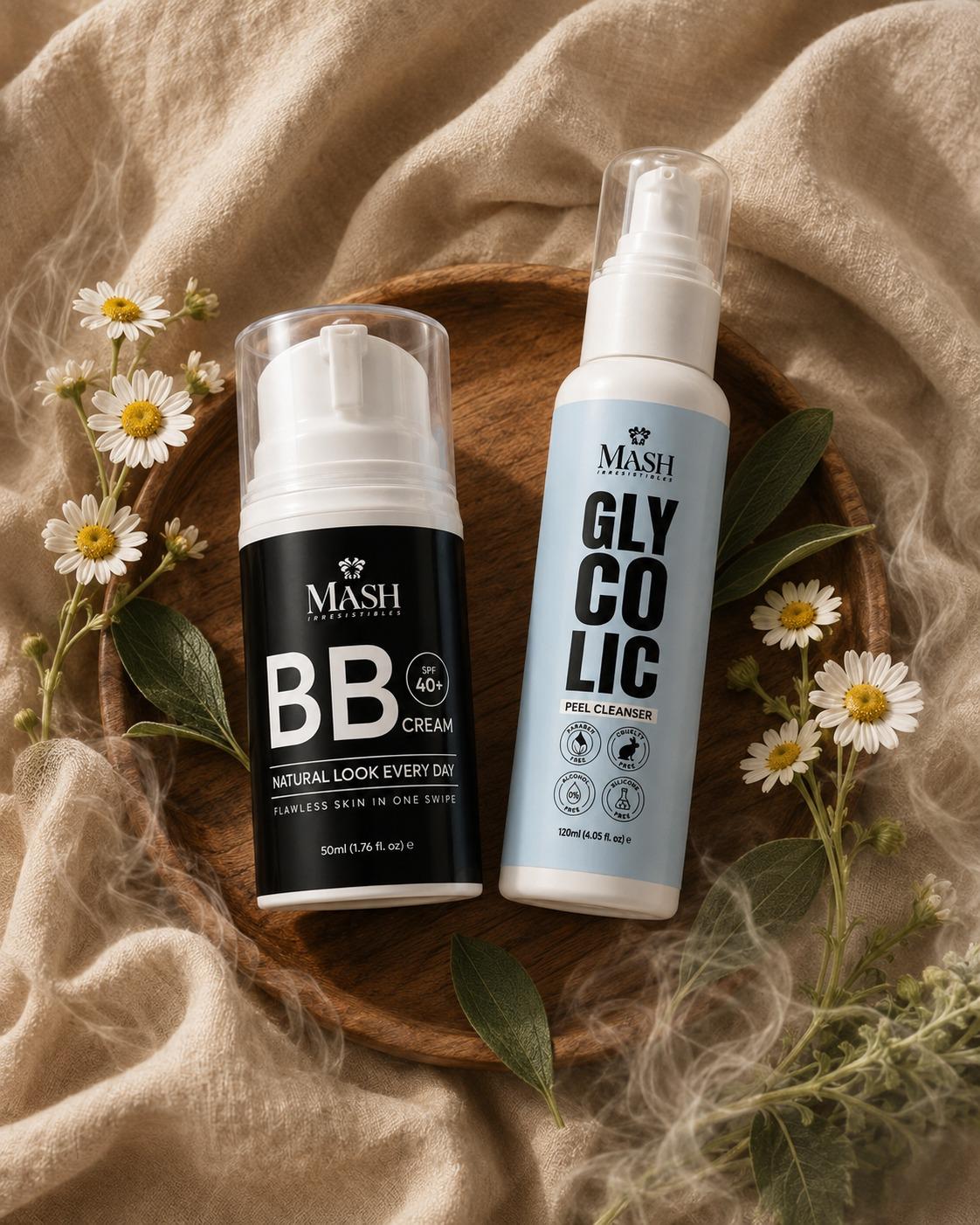 MASH Glycolic Peel Cleanser and BB Cream skincare routine